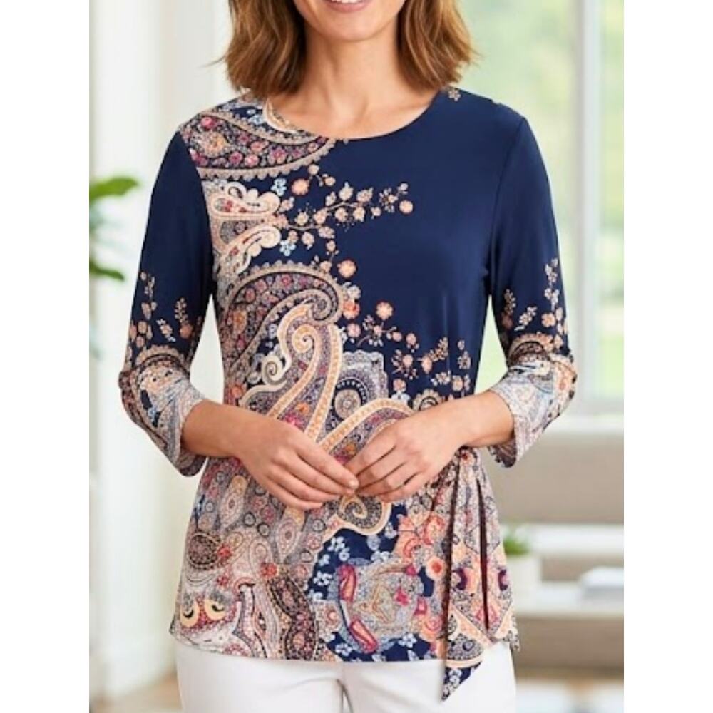 Chico’s Paisley Navy Blue Floral Side Tie Blouse – Size 2 (Large)